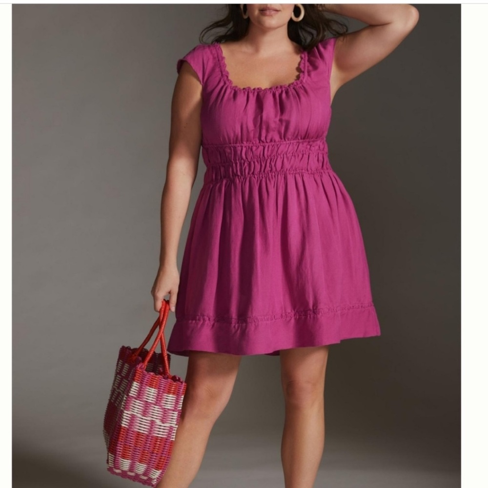 Anthropologie Linen Smocked Waist Dress